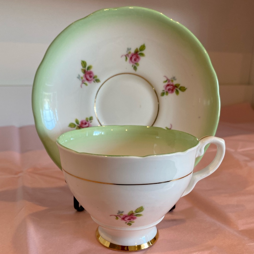 VTG Royal Stafford Bone China Teacup and Saucer in Green Ombré with Rosebuds